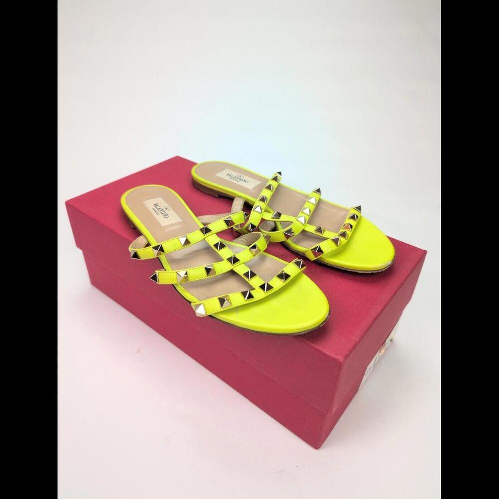 VALENTINO GARAVANI Women's Sz US 7 EU37 Rockstud Caged Slide Yellow Fluorescent